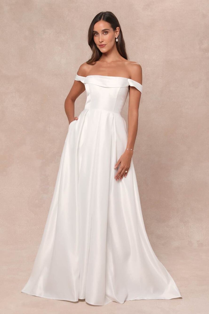 NWT Lulus Extraordinary Vow White Off-the-Shoulder Maxi Dress with Pockets Sz S